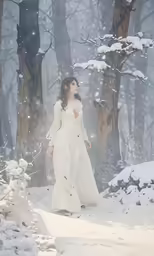a woman walking in snow with trees on both sides