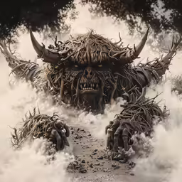 an artwork painting of a horned creature walking through a trail of smoke