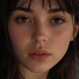the face of an asian woman with large brown eyes and brown hair