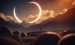 the sun shining down on the mountains with a person standing in front of them