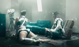 two female dancers in a room, one is kneeling and the other one has legs crossed