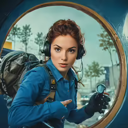 a woman wearing headphones and holding a compass