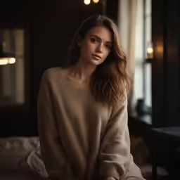 a woman wearing a tan sweater sits on the edge of a bed