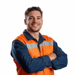 a male in an orange vest posing for the camera