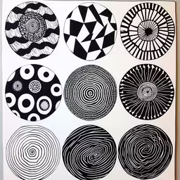 six black and white images with spiral designs,a group of nine circle designs mounted on a white wall