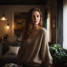 a woman standing in a room wearing a tan sweater