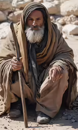 a bearded man with a stick in his hand sitting on the ground