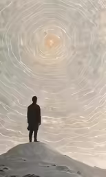 a person is standing on a hill looking at the swirling artwork