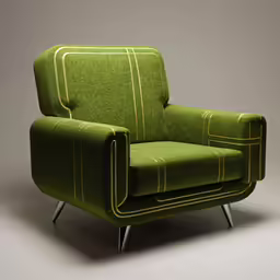 a green, striped armchair with a black metal frame