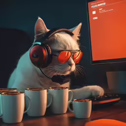 a cat wearing sunglasses and some cups near a computer monitor
