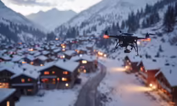 a remote controlled flying machine over a snow - covered village
