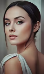 a woman in a white dress looks into the distance