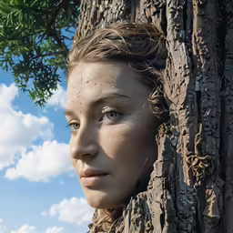 a girl peeks her head out of the bark of a tree