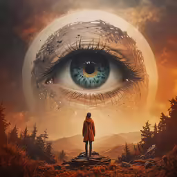 man stands in front of a surreal eye poster