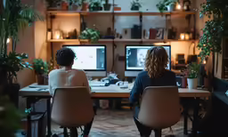 two women sitting at desks with computer screens