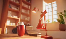 an orange lamp and a red coffee cup sit on the table