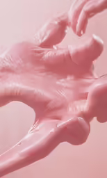 a pink photograph of hands that are covered with shiny paint