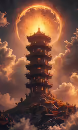 a tall tower with lights shining from underneath it