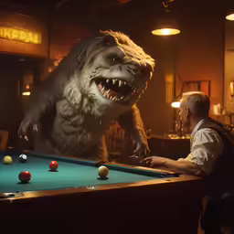the man playing pool with the stuffed animal dinosaur
