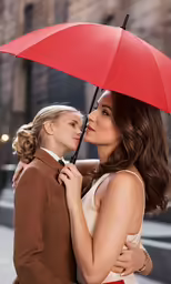 a woman hugging a man under an umbrella
