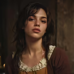 a woman in brown and white shirt with candles around her