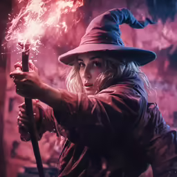 a person wearing a witch hat holding a wand