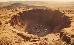 there are cars parked in a large, deep pit