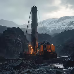 a well is lit up as it stands beside some mountains