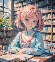 a girl sits at a desk in a library