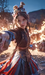 a woman dressed up like a princess shooting out a fire