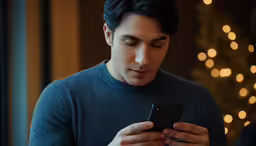 man looking at his smartphone at christmas time
