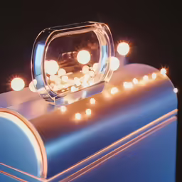 an illuminated vanity with lights on it in the dark
