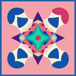 abstract illustration with large blue shapes on pink background