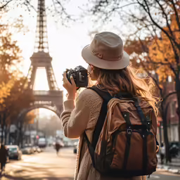 a woman is standing in front of the eiffel tower