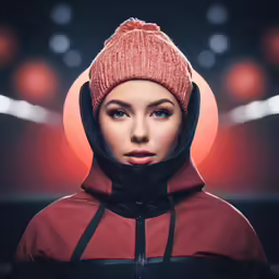 a beautiful woman in a red jacket and knitted hat