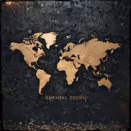 a golden world map with black background that says emmerici upsidedown