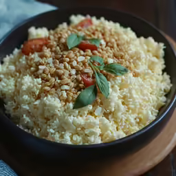 a black bowl with food sitting on top of a wooden plate