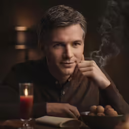 a man sitting at a table with a bowl and a drink