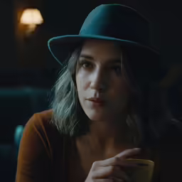 a beautiful woman in a blue hat with long hair
