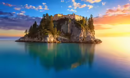 a castle sits on top of a rock