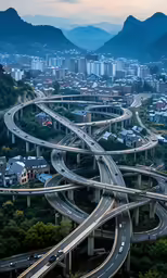 multiple overpasss on highway near city in the sunset