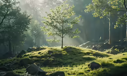 a lone tree on a grassy hill in the woods