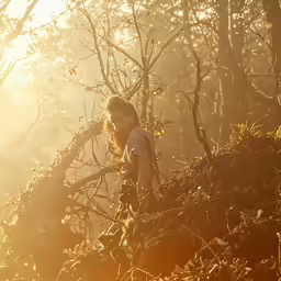 a woman walking through a forest filled with tall grass