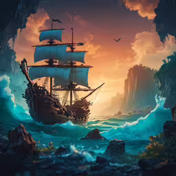 this painting depicts a ship sailing through the ocean, at sunset,a pirate ship with two smaller sailboats in a rocky harbor