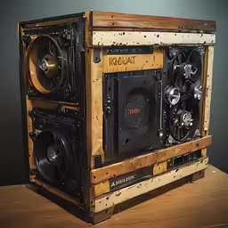 a machine made out of wooden pieces is sitting on a table