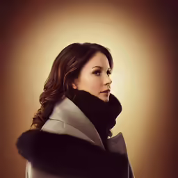 a woman is wearing a coat and holding a black stole