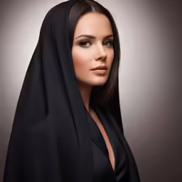 a woman in black clothing looking off into the distance