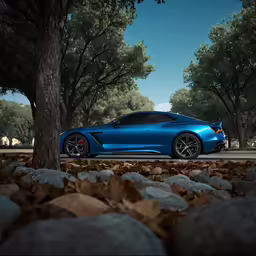 a blue sports car parked in a park on a sunny day