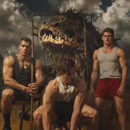 three guys are sitting in front of an old monster