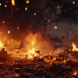 the large fire in the field is full of flames